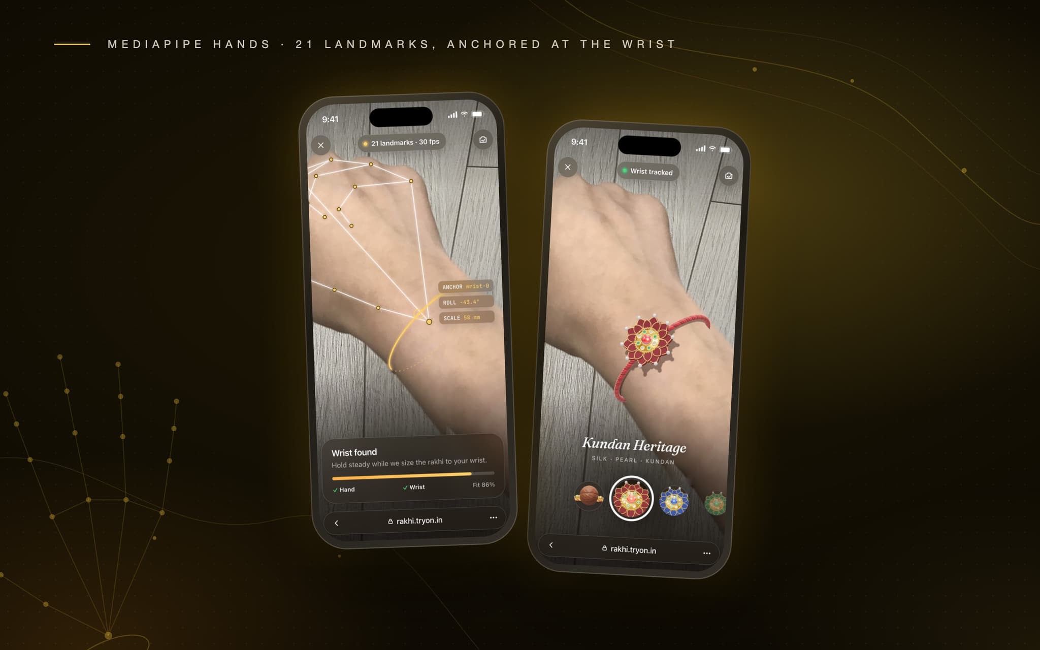 MediaPipe Hands: 21 landmarks, anchored at the wrist and sized from the palm