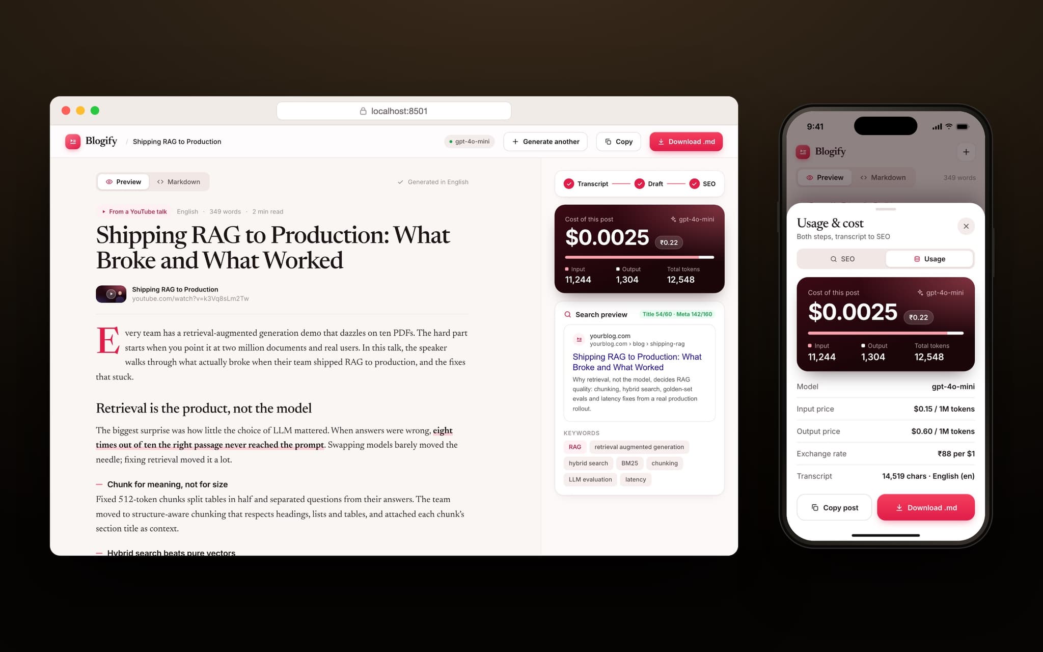 The finished post with its SEO preview and a cost readout