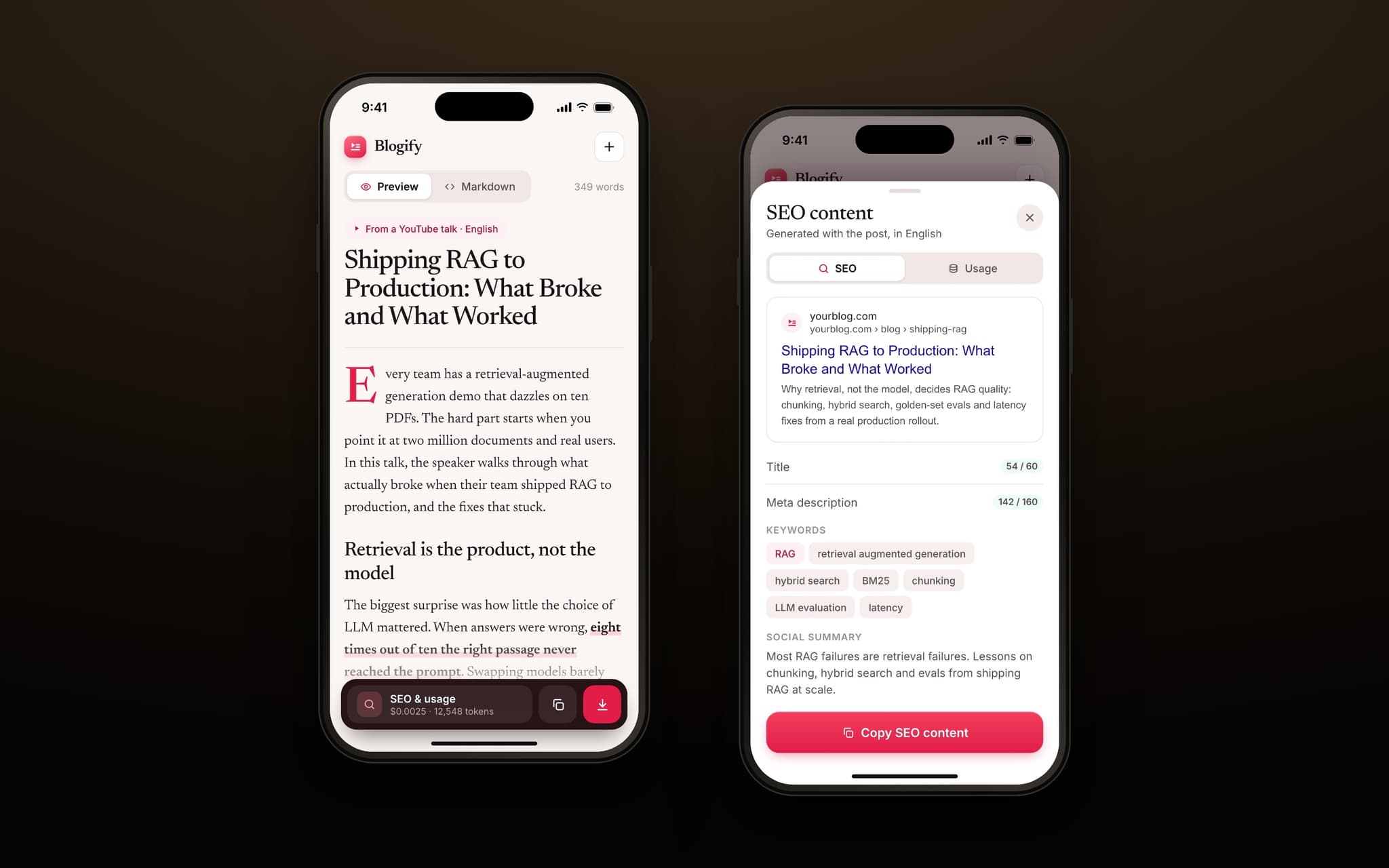 The article on mobile, with SEO content in a bottom sheet