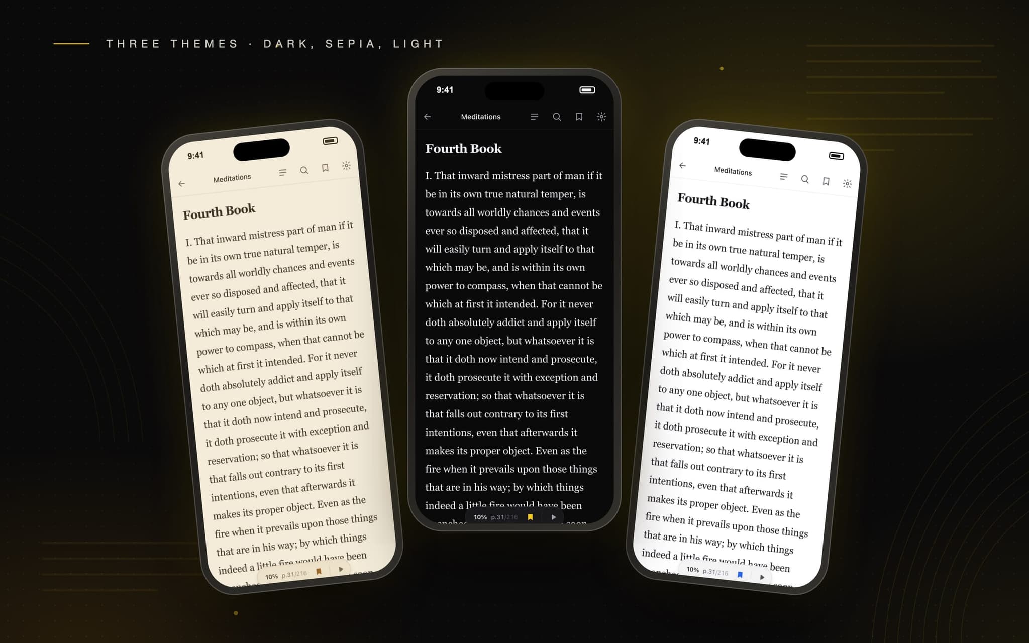 Three reading themes, dark, sepia and light, on the same page